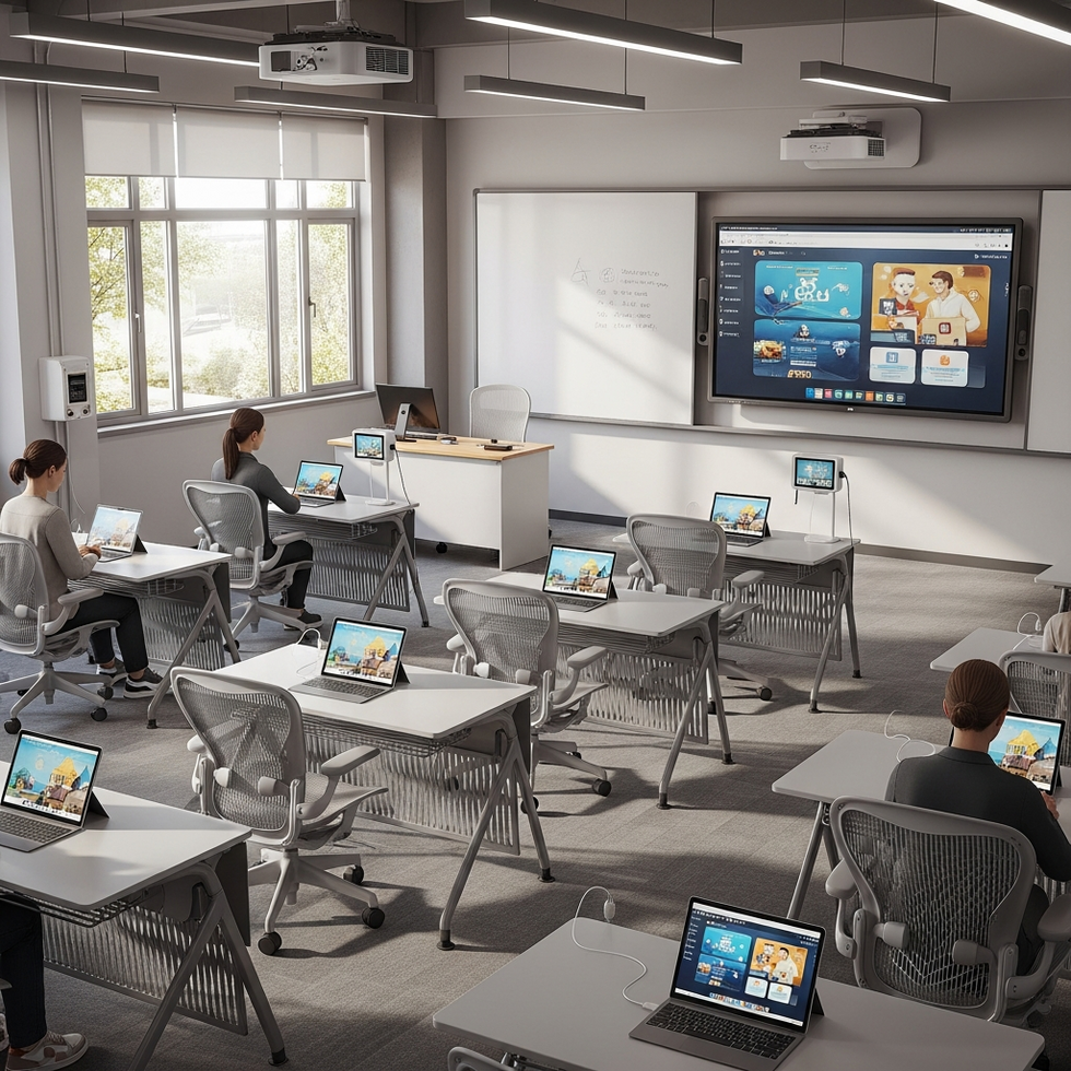 dijital eğitim Dijital teknolojilerle donatılmış modern eğitim merkezlerinin iç ortamını gösteren yüksek çözünürlüklü bir eğitim sınıfı görseli