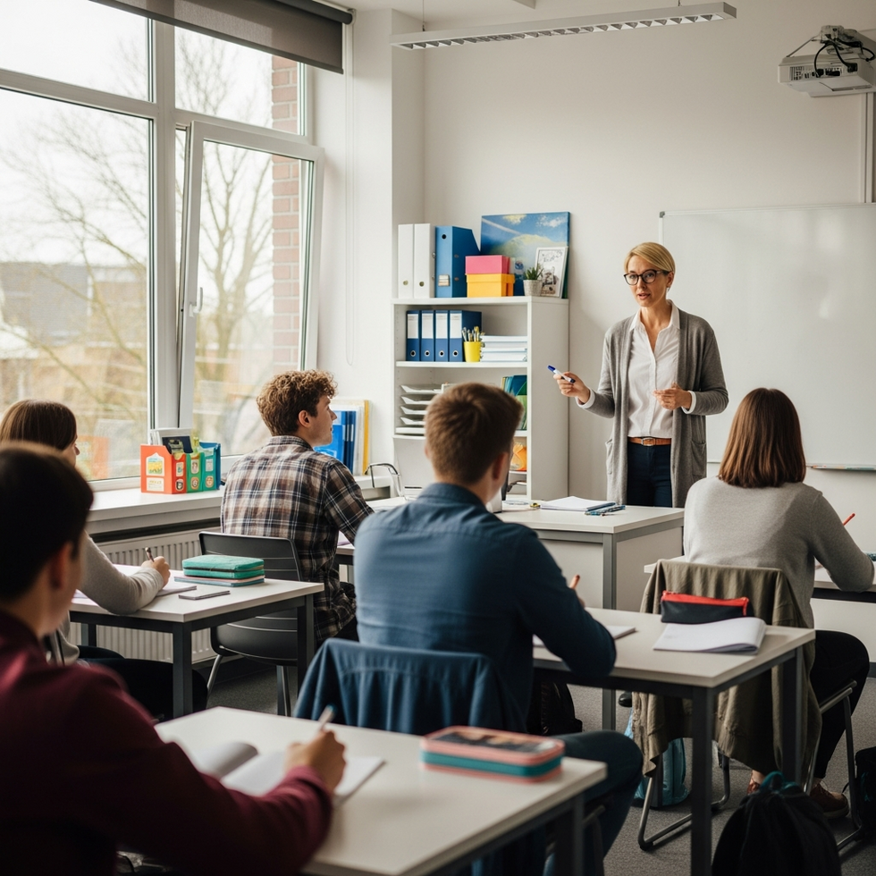 Eğitim merkezinde öğretmen ve öğrencilerin etkileşimini gösteren bir görsel