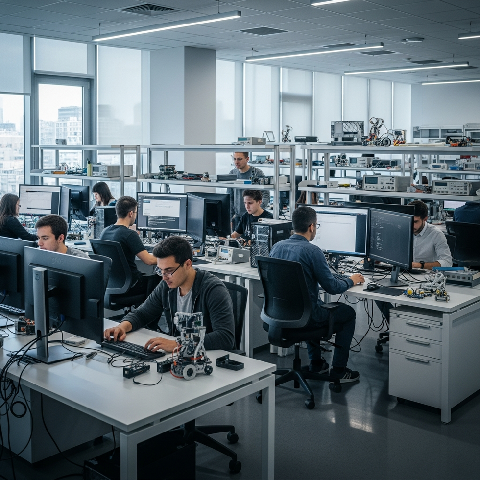 A modern technology lab in a university with students working on computers and high-tech equipment