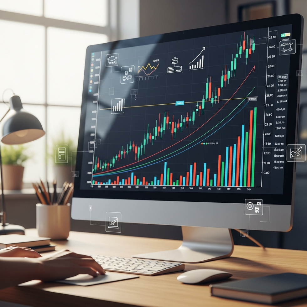 piyasa trendleri, finansal göstergeler Financial charts showing upward trends with educational icons