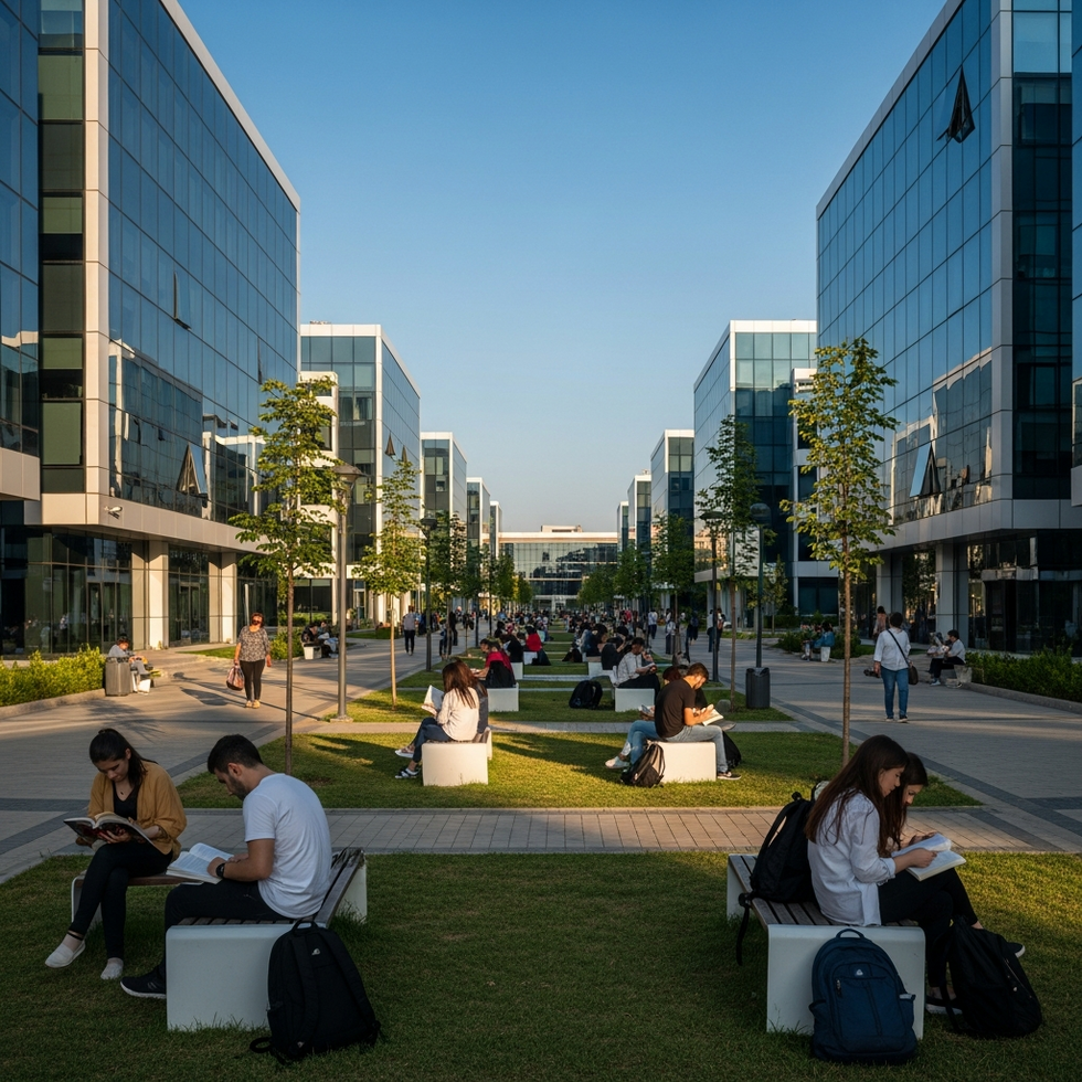 A bustling university campus in Turkey with students studying outdoors and modern glass architecture
