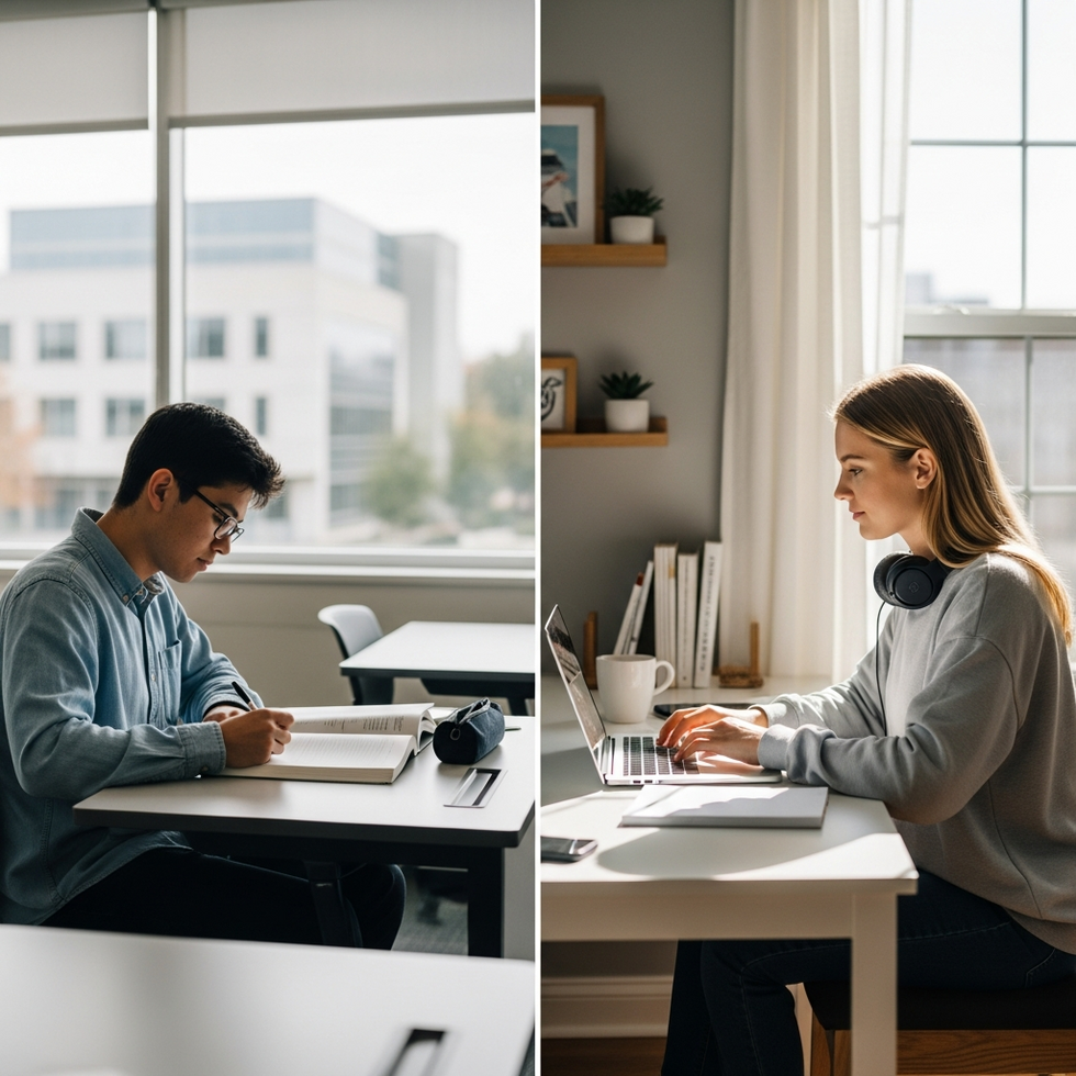 A split-screen image showing side-by-side scenes of a student attending an in-person English class at a campus location and another engaging in an online session at home, symbolizing flexible learning options