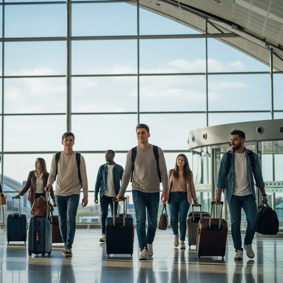 Uluslararası öğrencilerin ülkeden ülkeye giderken valizleri ve vize işlemlerini tamamlamış olarak havaalanında çekilmiş çeşitli görseller