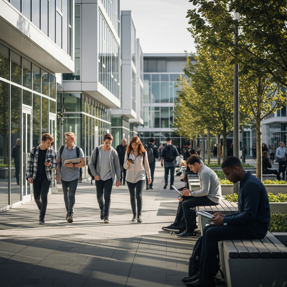 eğitim sektörü, dijital eğitim A bustling modern education campus with students using digital devices