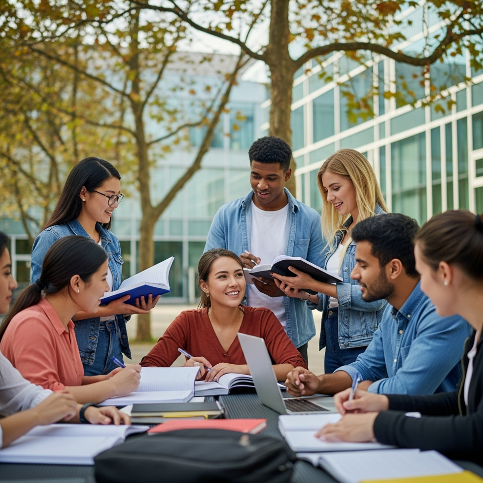 Bir grup öğrenci uluslararası bir kampüste öğrenim görüyor, çeşitli ülkelerden gelen gençler birlikte çalışıyor ve kültürel etkileşim yaşıyor.
