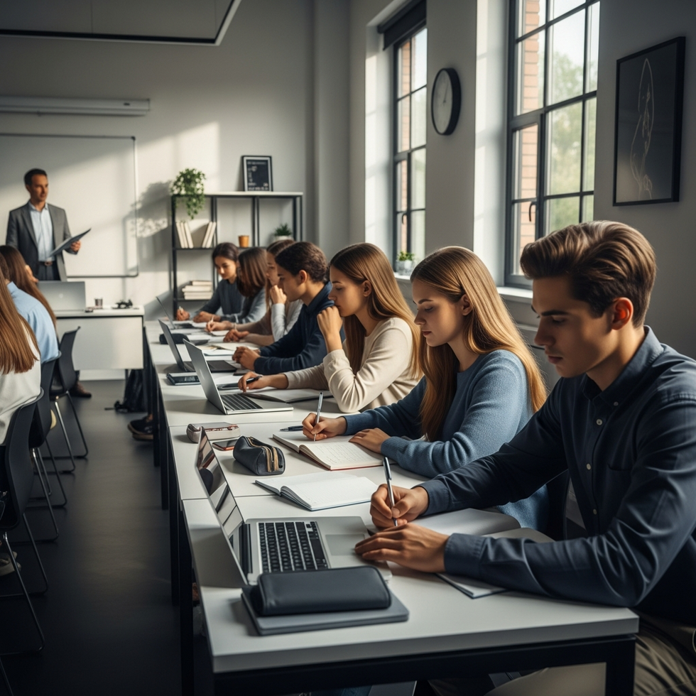 Eğitim merkezinde öğrencilerin çeşitli kurslara katılırken çekilmiş bir fotoğrafı, sınıf içi veya online eğitim ortamını yansıtan görsel