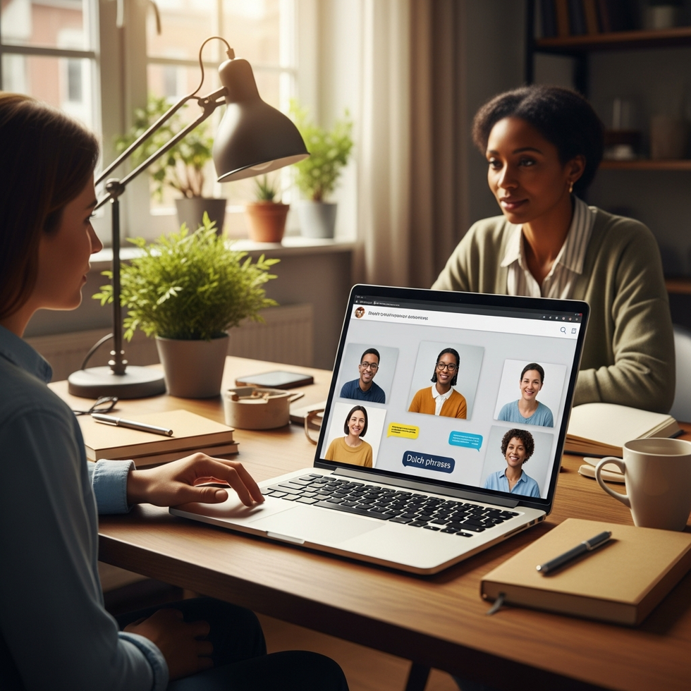 A realistic depiction of a small online group conversation on a laptop, with diverse adult learners practicing speaking, with Dutch phrases appearing on the screen, set in a cozy home office environment.