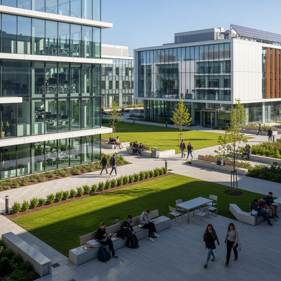a modern, aktif öğrenci kampüsü görüntüsü, yüksek teknolojili eğitim ortamları ile donatılmış üniversite kampüsü