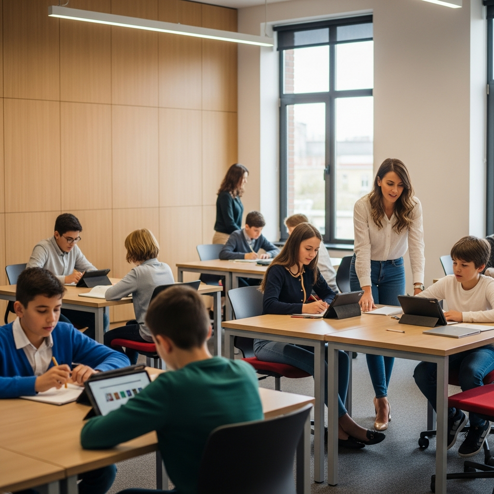 Bir eğitim merkezinde etkileşimli sınıf ortamı ve öğrencilere destek sağlayan öğretmenler