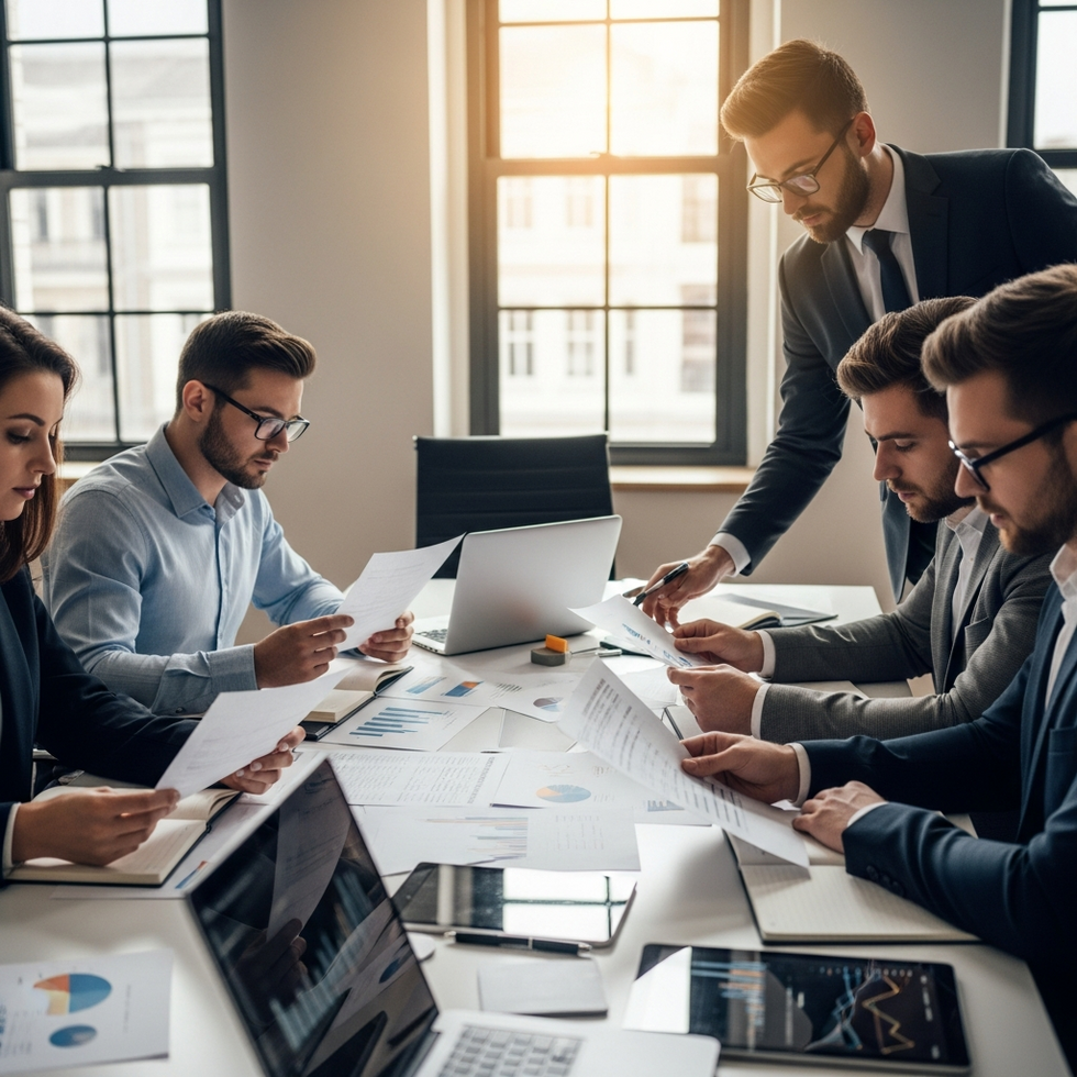 Yatırımcıların finansal tabloları incelerken ve TAL Education'ın büyüme stratejisini değerlendiren profesyonel bir ekip görseli