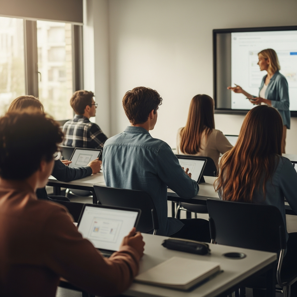 Dijital eğitim teknolojilerini kullanan bir sınıf ortamını gösteren, öğrenci ve öğretmenlerin etkileşimde olduğu görsel