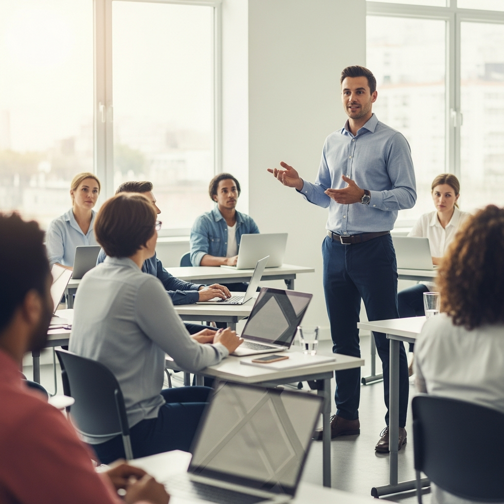 A professional trainer speaking to a diverse group of adult learners on a virtual platform, engaging and motivating, high detail, cinematic lighting, 4k