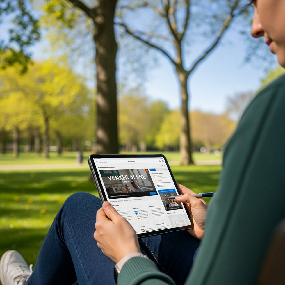 An illustration of a person studying on a tablet outdoors, with Dutch language videos and exercises displayed on screen, sunny park background emphasizing flexibility and freedom.