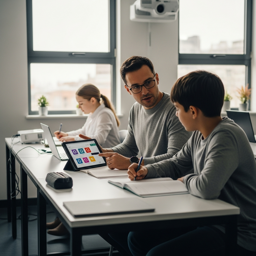 dil eğitim merkezleri Bir dil eğitim merkezinde öğretmen ve öğrenci etkileşimi, teknolojik araçlar kullanılıyor