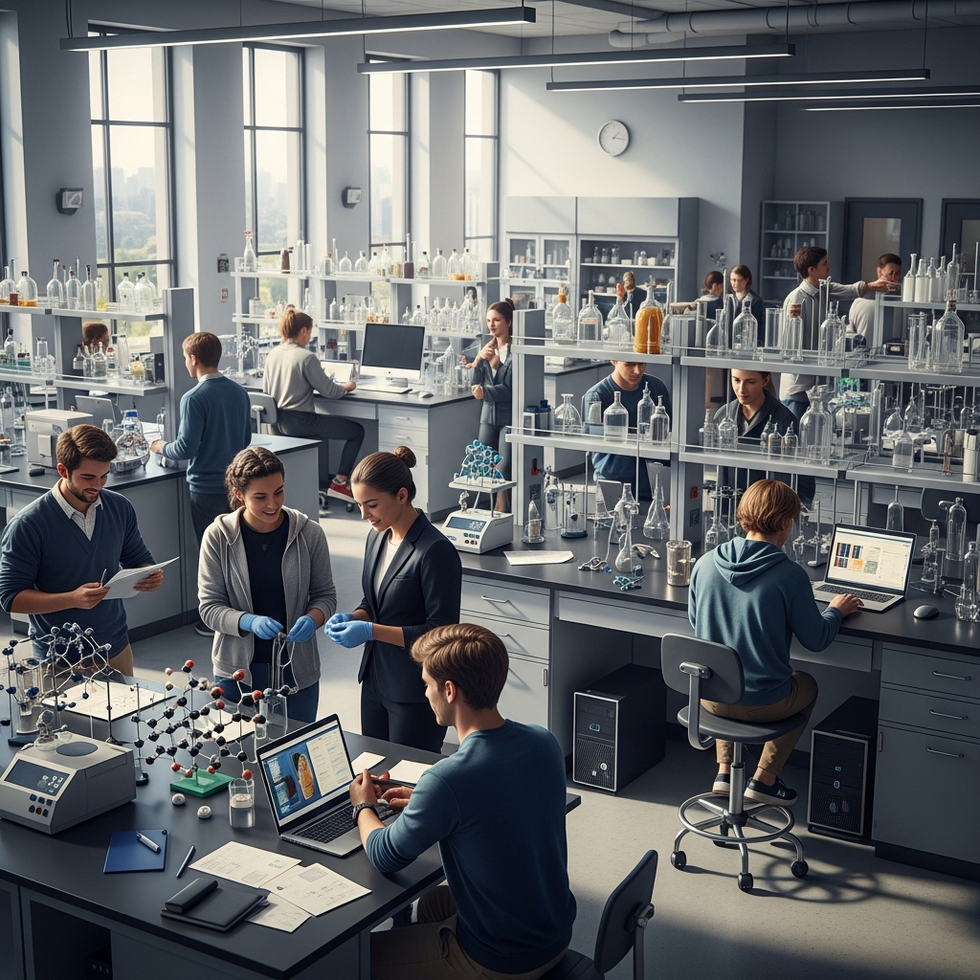 UKÜ'nin laboratuvar ve öğrenci etkinlikleri merkezli bir görsel, bilimsel çalışmaların ve öğrenci etkileşiminin vurgulandığı bir görüntü.