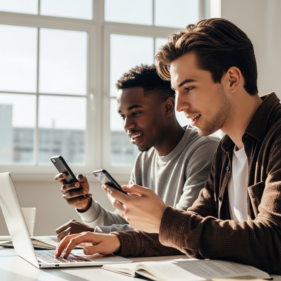 online dil platformları İki öğrenci online platformda dil pratiği yapıyor, akıllı telefonlar ve bilgisayarlar kullanıyor