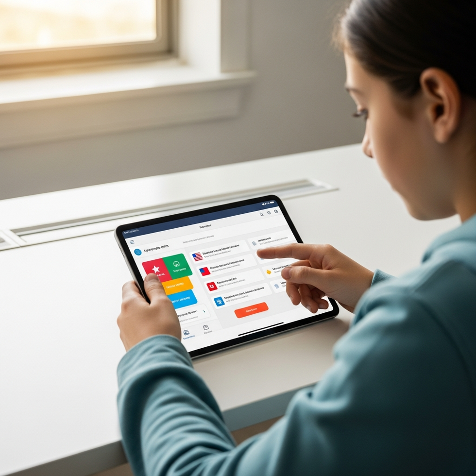 teknoloji ve dil öğrenme Bir öğrencinin tablet üzerinden dil öğrenme uygulaması kullandığı, ekranında çeşitli dil seçenekleri ve etkileşimli içerikler görünmekte.