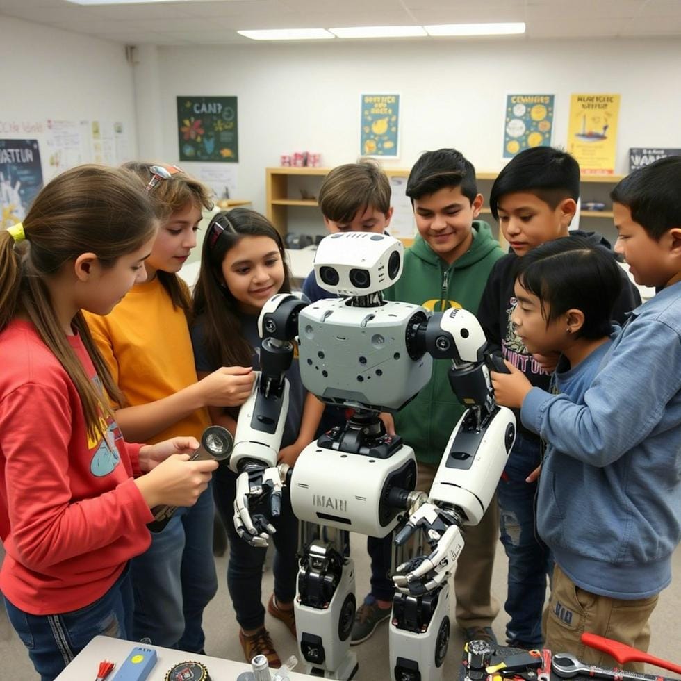 Yapay zeka ve robotik çalışmalar yaparken, öğretmenlerin öğrencilerle etkileşim halinde olduğu görsel
