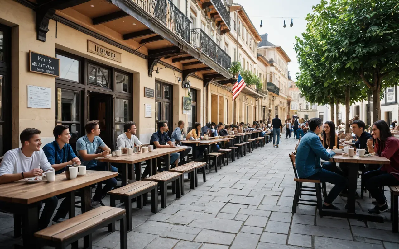 A bright, sunny outdoor terrace with students casually chatting and drinking coffee, showcasing a relaxed social learning environment, modern international setting, realistic style.