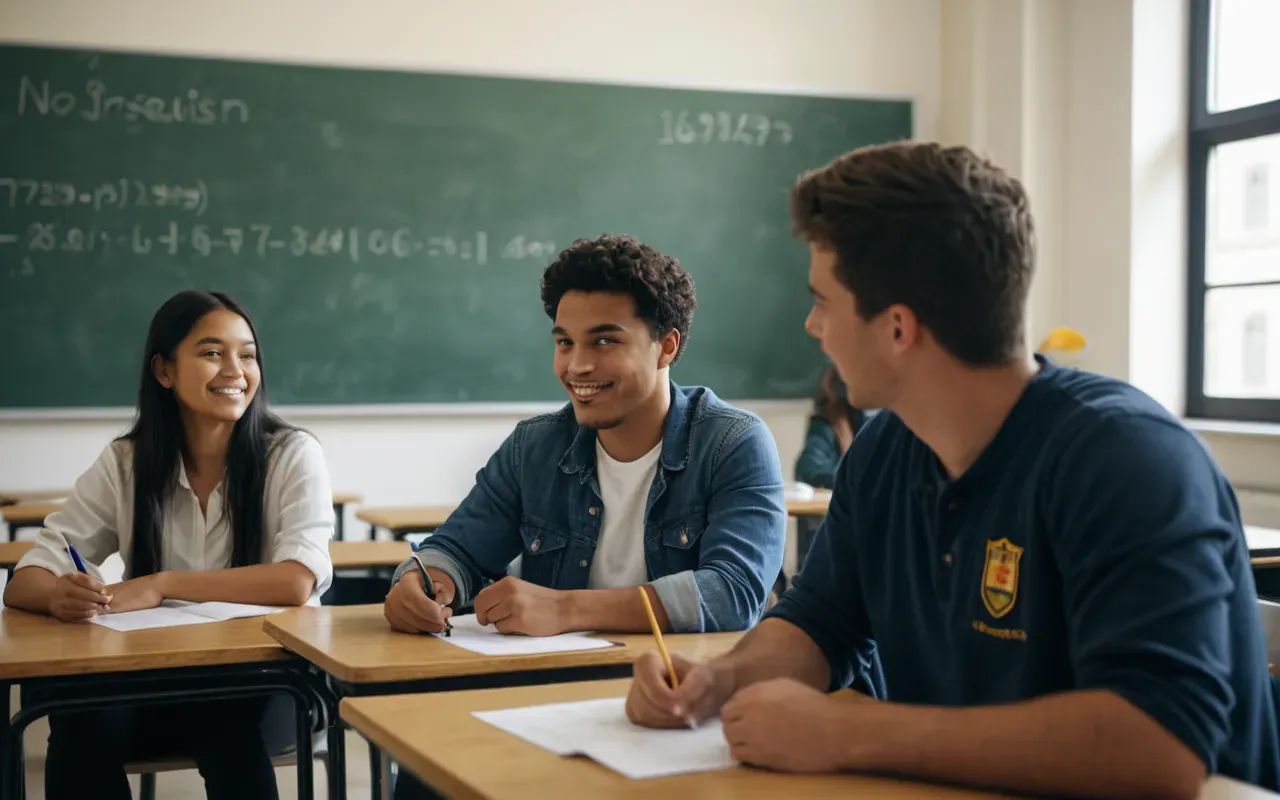 A diverse group of students sitting in a modern, well-lit classroom engaged in a lively conversation, focusing on language learning, international education setting, realistic style.