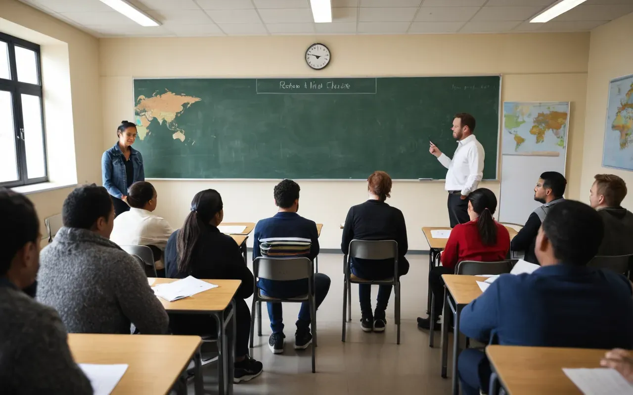 dil eğitimi sektörü A dynamic, modern classroom environment with diverse adult learners engaged in group discussion. A facilitator stands at the side, gesturing actively. The room has large windows with natural light, whiteboards with diagrams, and comfortable seating. The atmosphere is collaborative and energetic. No text, logos, or written materials visible on surfaces.