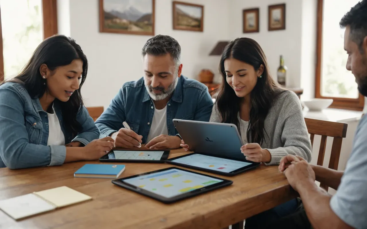 aile desteği A family sitting together at a modern dining table using tablets and books to practice language learning activities in bright natural lighting.