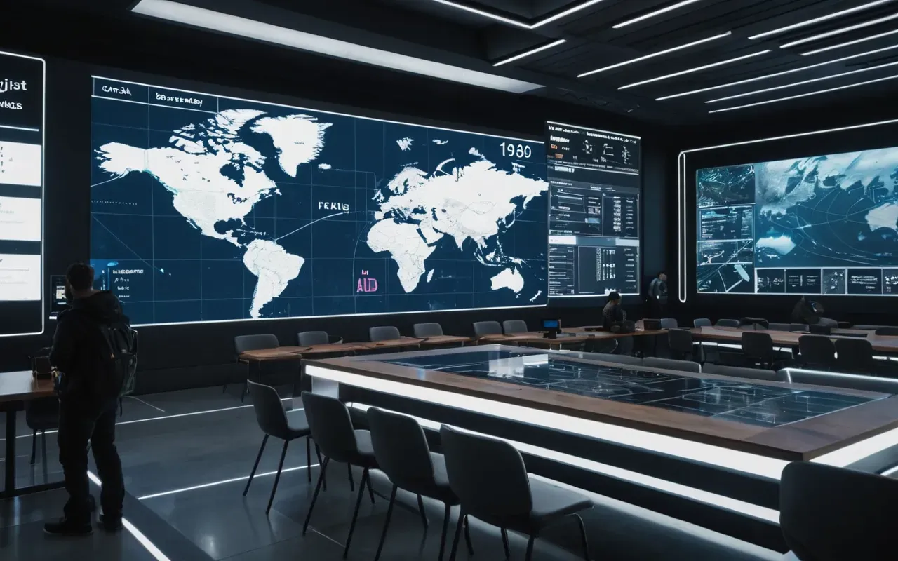 dil eğitimi geleceği A futuristic learning space with holographic displays showing interconnected language nodes. A diverse group of people are using handheld devices to interact with the displays. The environment is bright, clean, and modern with soft ambient lighting. No text, screens, or logos visible. Focus on collaborative learning and technological integration.