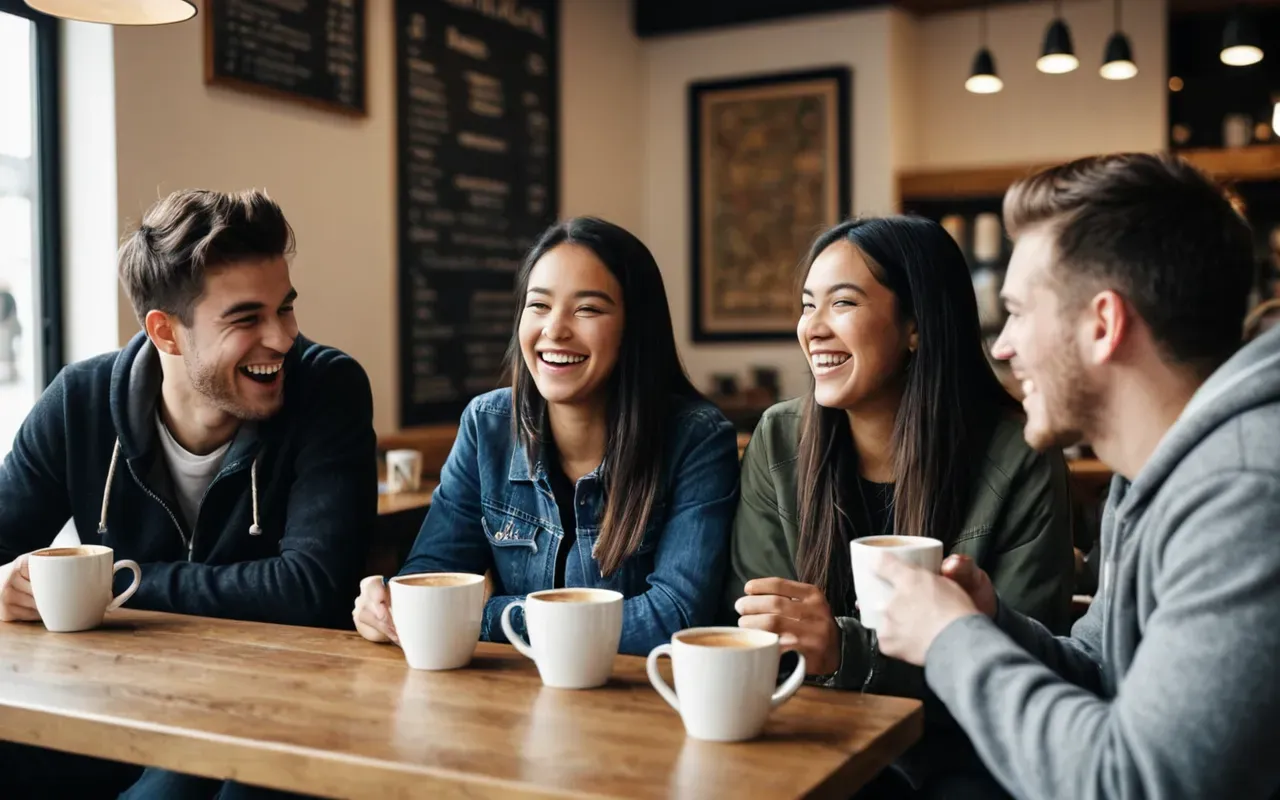 A group of young adults laughing and talking in a casual modern cafe setting, holding coffee cups, natural lighting, editorial photography