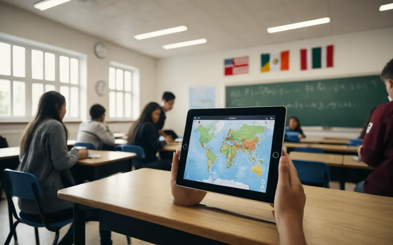 A modern classroom setting with students using tablets and digital devices to learn languages. The scene features bright lighting, contemporary furniture, and a focus on collaborative learning. No text is visible in the image.