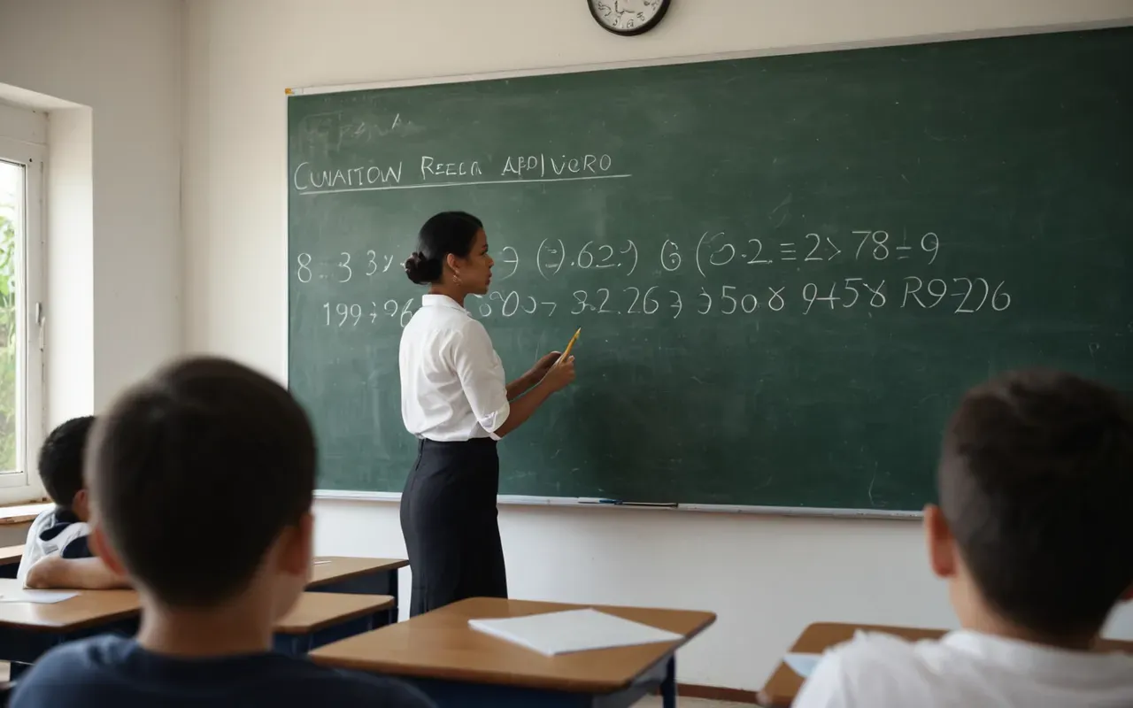 dil eğitimi A modern classroom with a teacher using visual aids to explain word meanings on a whiteboard surrounded by attentive students in natural lighting.