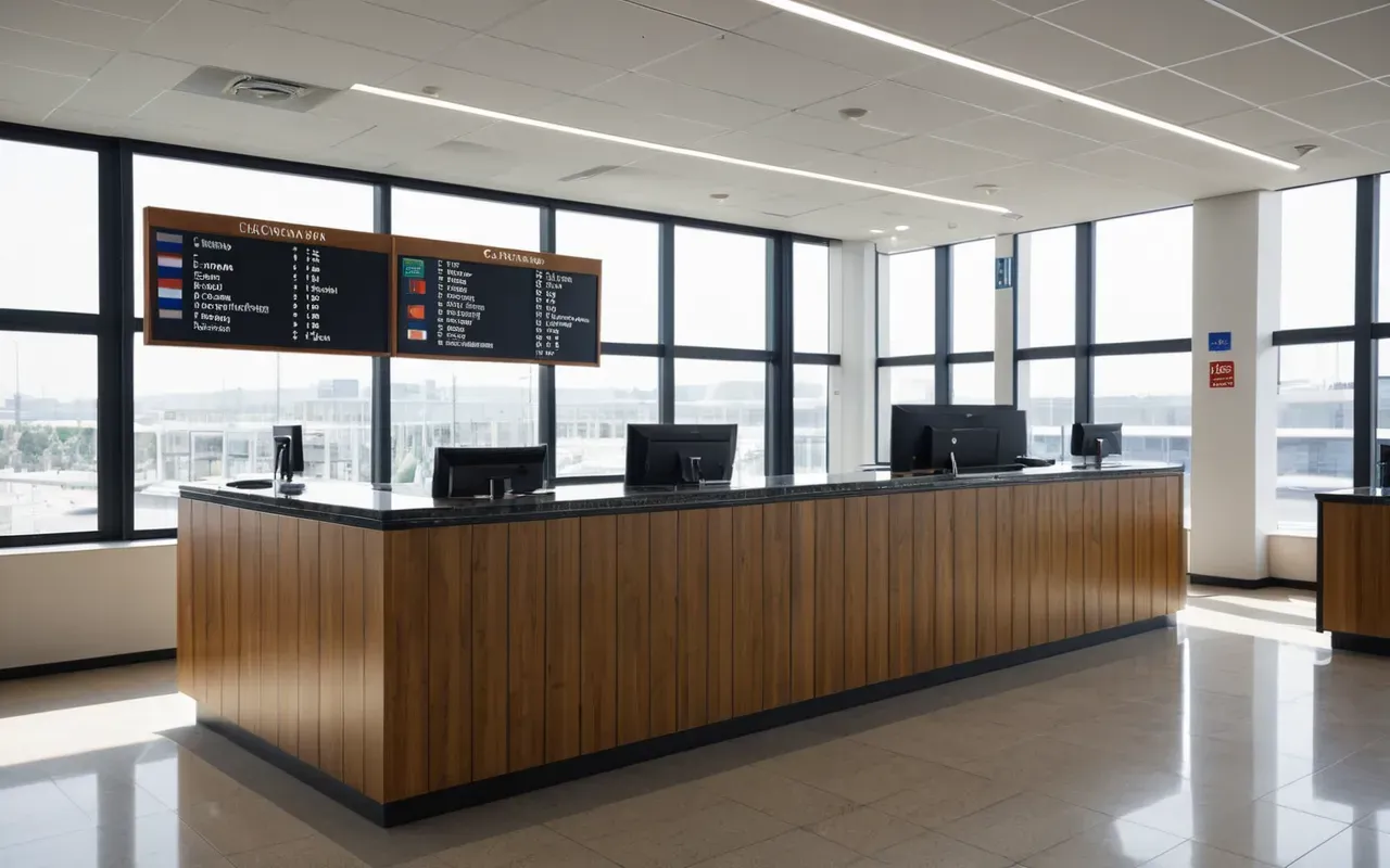 çok dilli hizmet A modern, clean public service desk inside a bright, airy building with large glass windows. Diverse group of friendly staff members in professional business casual attire are interacting warmly with visitors. Natural sunlight floods the space, creating a welcoming and open atmosphere. No text, signs, or logos visible. Focus on human connection and multilingual hospitality.