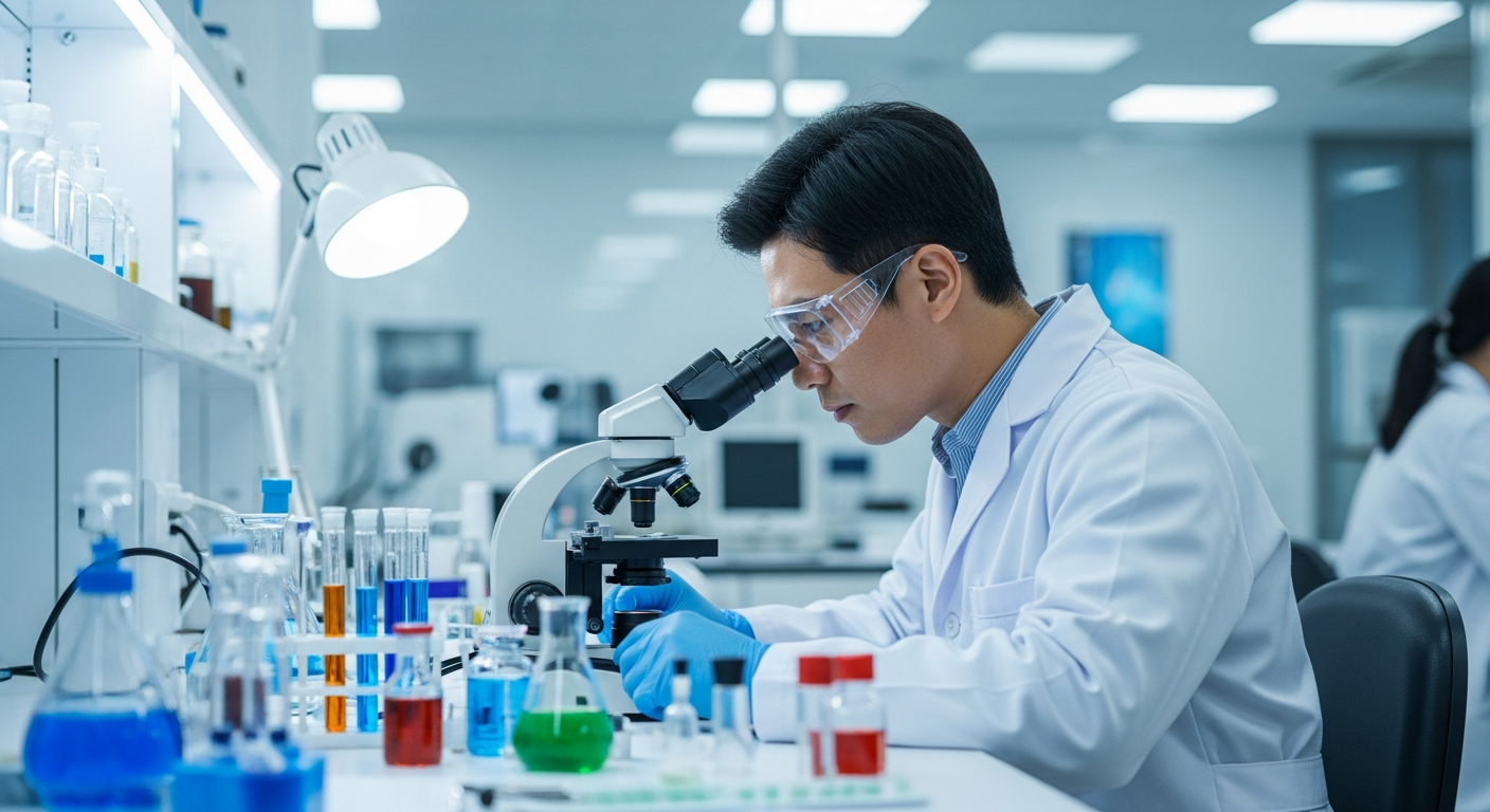 mikrobiyolojik araştırma A scientist in a laboratory inspecting microbial samples under a microscope, emphasizing the scientific aspect of microbiological research.