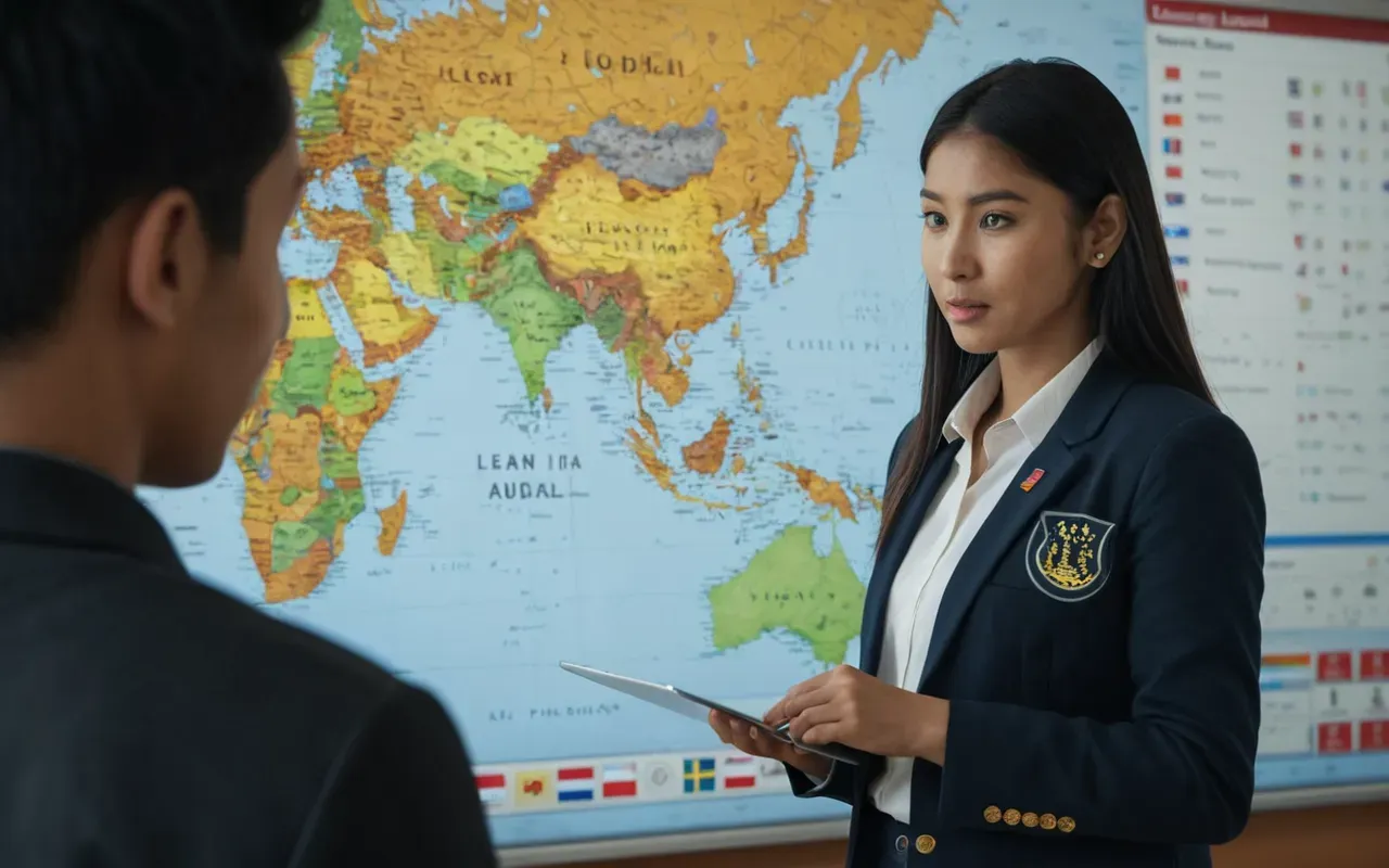 A teacher using a modern digital dashboard to monitor student progress in language learning. The setting is clean and professional with warm lighting highlighting the collaborative atmosphere between educator and technology.