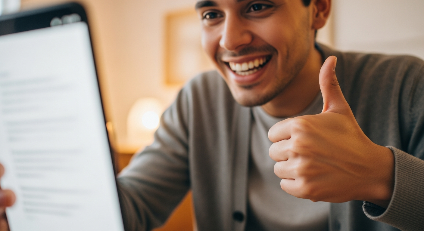 başarı ve motivasyon Close-up of a person celebrating small language milestones on a digital device by smiling and giving thumbs up, bright cozy workspace