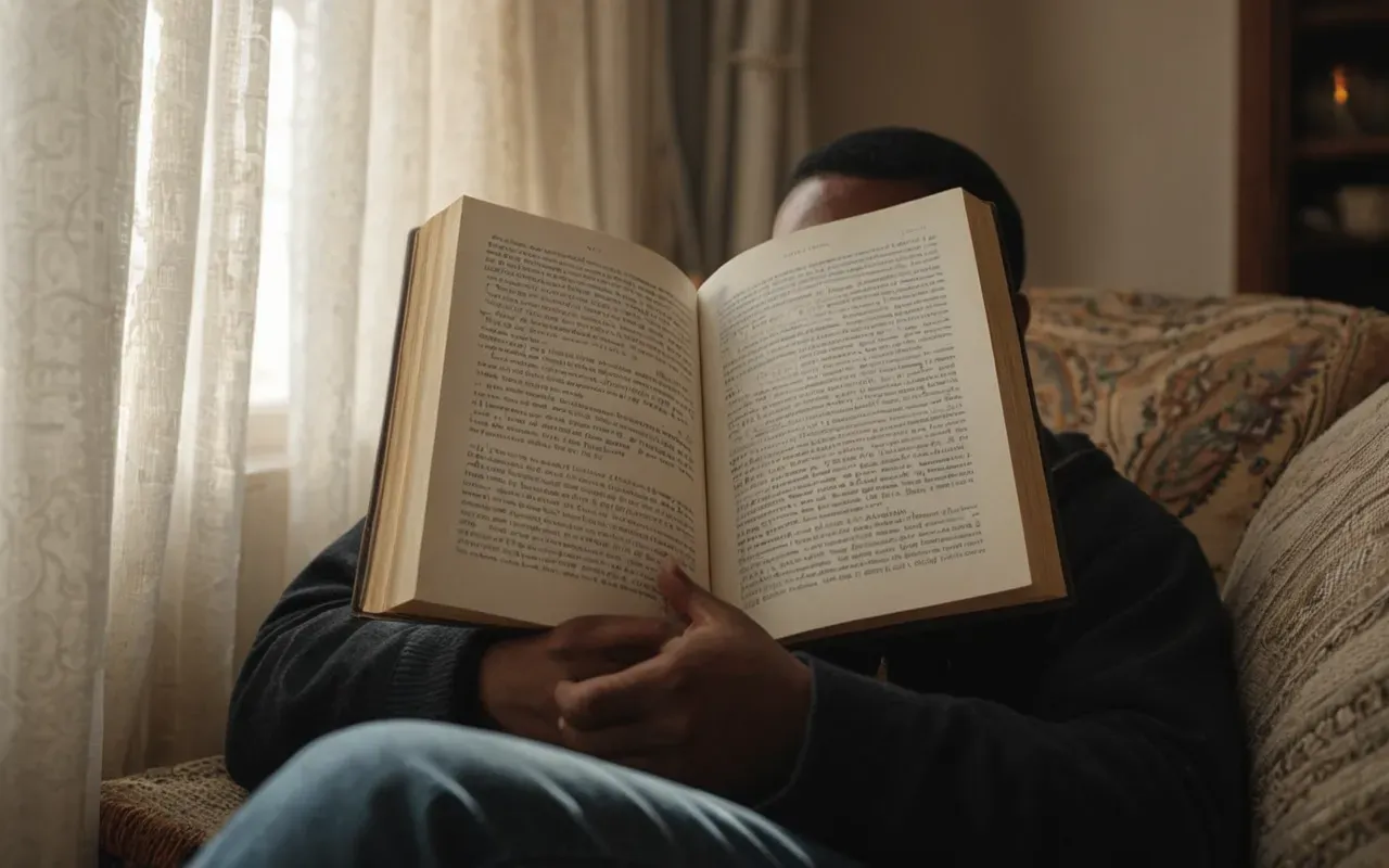 Close-up of a person reading an open book in a cozy corner with soft sunlight streaming through sheer white curtains, calm atmosphere.