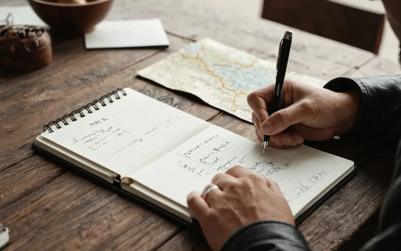 Close-up of a person writing notes in a leather notebook with a pen on a clean wooden table, soft morning light, minimalist composition