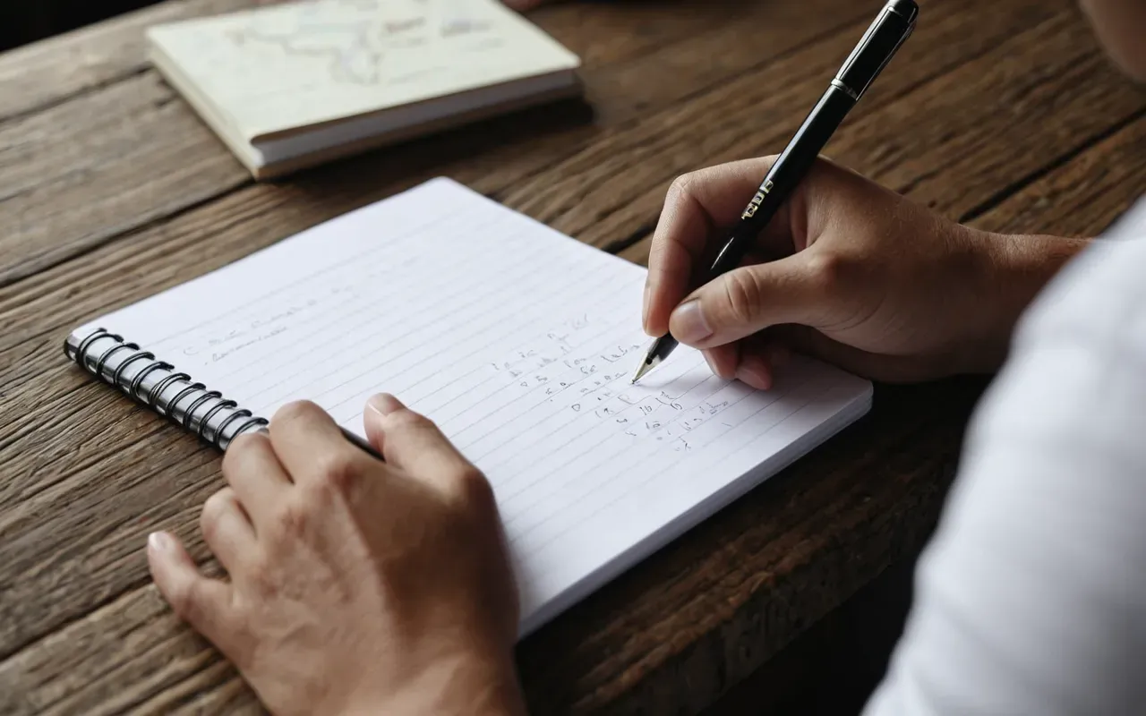 Close-up of a person's hands writing notes in a clean white notebook with a modern black pen on a wooden table, soft natural lighting, high resolution.