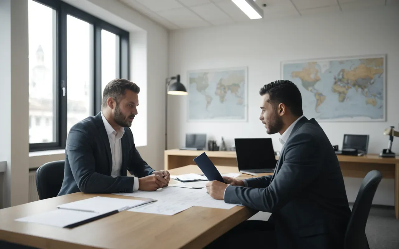Interior of a modern office with two professionals sitting at a desk discussing documents, soft lighting, clean and neutral tones, editorial style