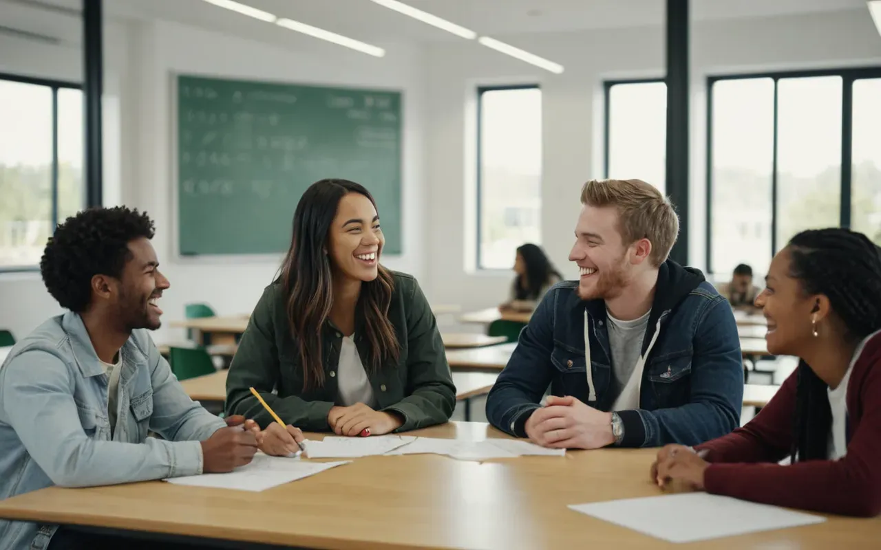 Medium shot of diverse group of young adults talking and laughing together in a modern bright classroom with glass walls, collaborative learning atmosphere.
