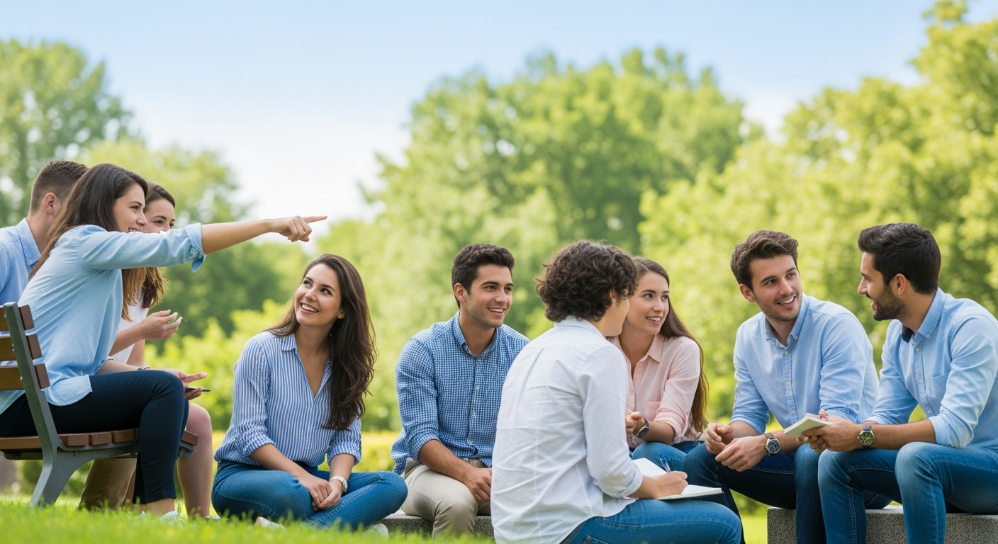 Students participating in an engaging language exchange activity outdoors with native speakers, exchanging ideas and practicing conversational skills
