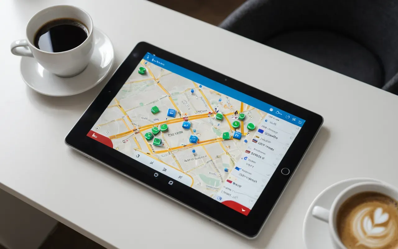 Top-down view of a modern digital tablet displaying a clean language learning app interface on a white desk with a cup of coffee and some greenery.