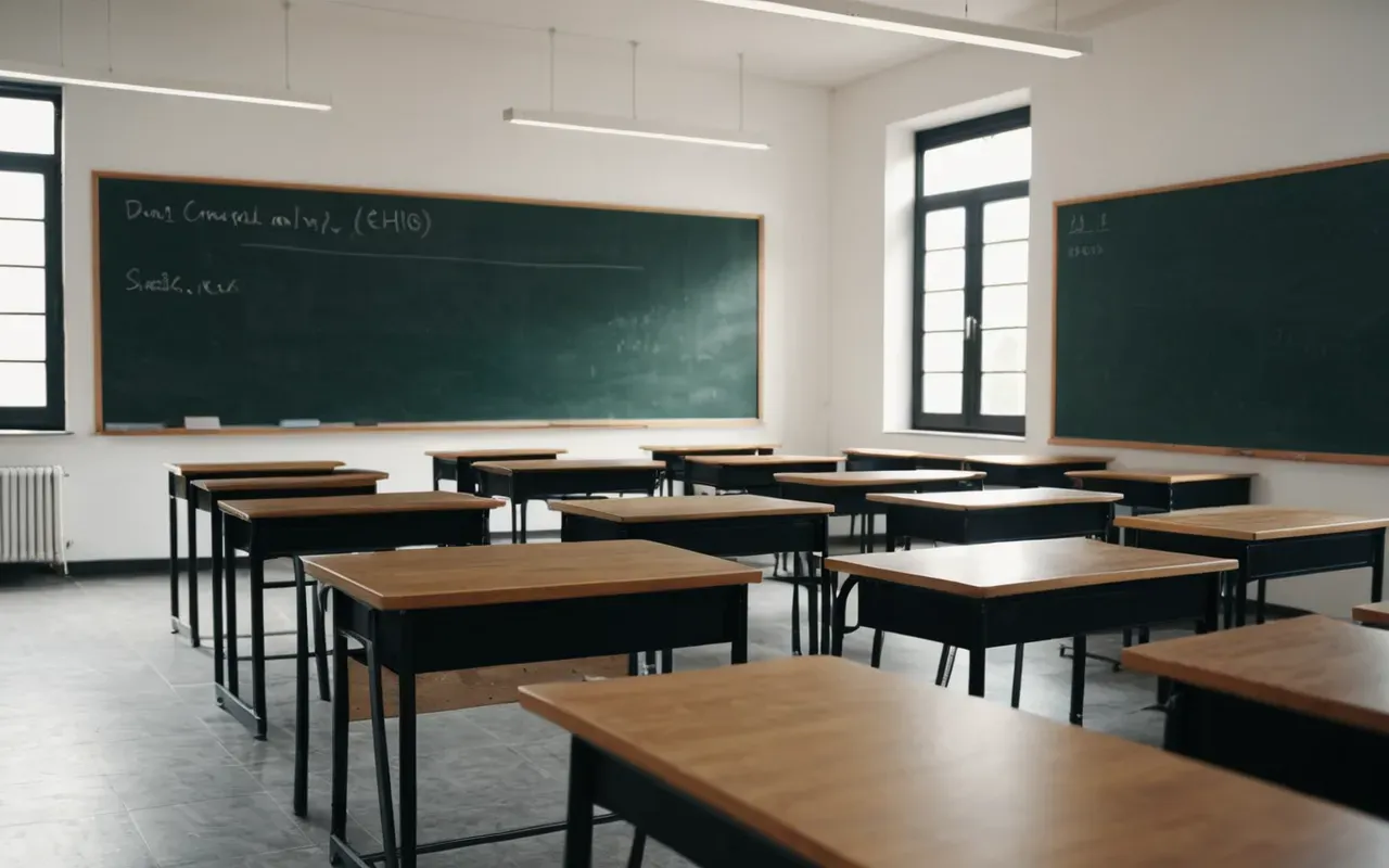 Wide shot of a modern minimalist classroom interior with empty wooden desks, whiteboards, soft natural daylight, editorial photography