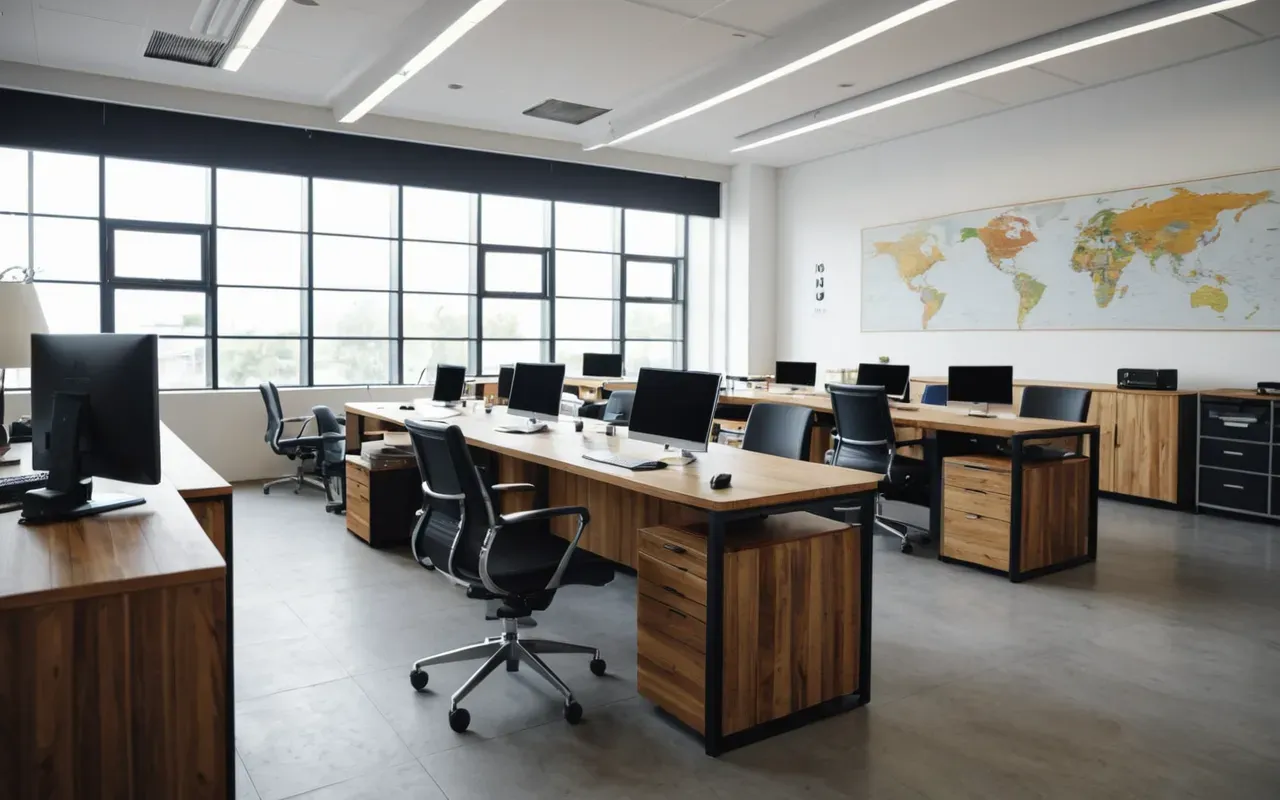 Wide shot of a modern minimalist office interior with bright natural light, sleek wooden desks, and comfortable ergonomic chairs, clean editorial photography style, neutral tones.