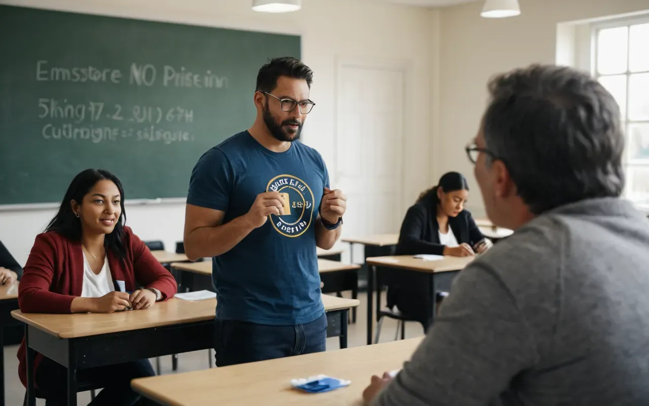 A bright and modern classroom setting with a diverse group of adults engaged in an interactive language workshop. The atmosphere is collaborative and focused, featuring ergonomic furniture and soft natural lighting that encourages open communication among participants.