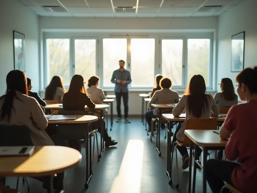 A bright modern classroom with students engaged in active conversation around round tables. No teacher visible. Natural lighting and a collaborative atmosphere.