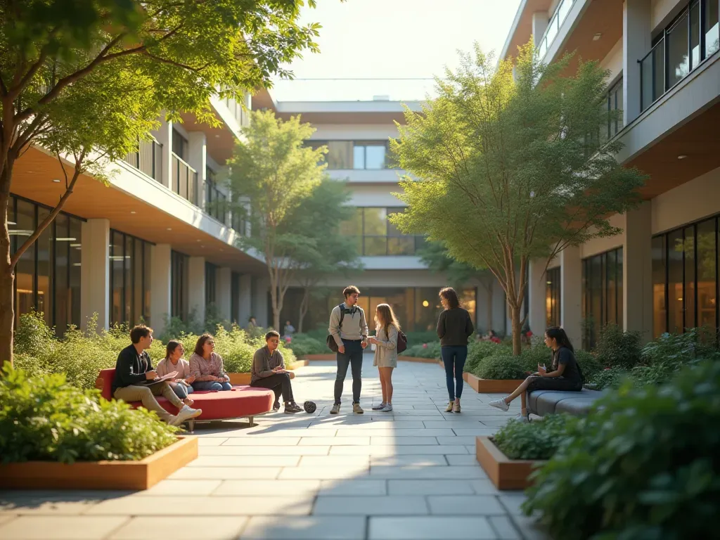 dil köyü ortamı A bright, modern outdoor learning courtyard with comfortable seating areas, lush greenery, and natural lighting. Students are casually conversing in small groups, holding notebooks and tablets. The atmosphere is relaxed and collaborative, emphasizing immersive communication without any visible text or signage.