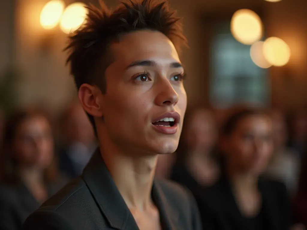 A close-up of a confident young professional speaking passionately in front of an international audience. Warm lighting and blurred background focusing on the speaker.