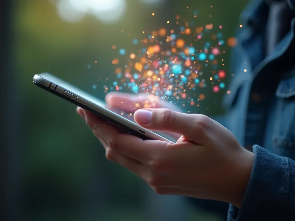A close-up of a hand holding a smartphone with abstract colorful graphics floating in the air, symbolizing digital interaction.