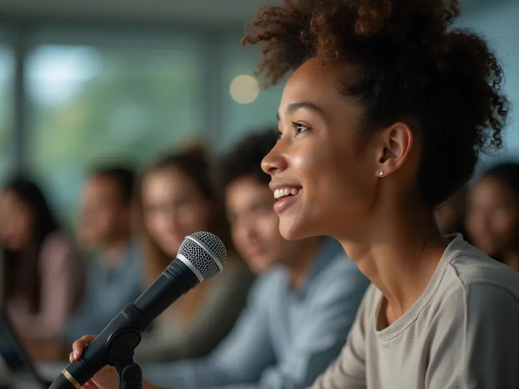 A close-up shot of a confident student speaking into a microphone in a modern seminar room. Soft lighting highlights the speaker's face showing engagement and clarity. Background is slightly blurred showing attentive listeners.