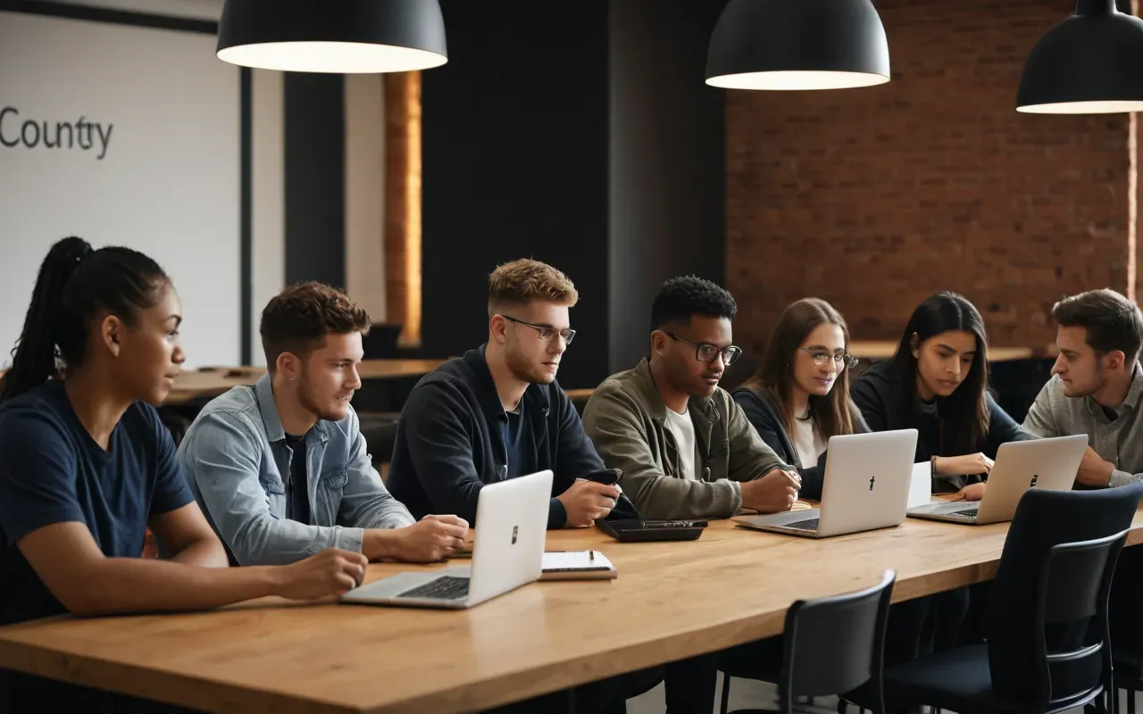 A diverse group of students collaborating around a table with laptops and notebooks, warm indoor lighting, modern office setting, no visible text or logos.